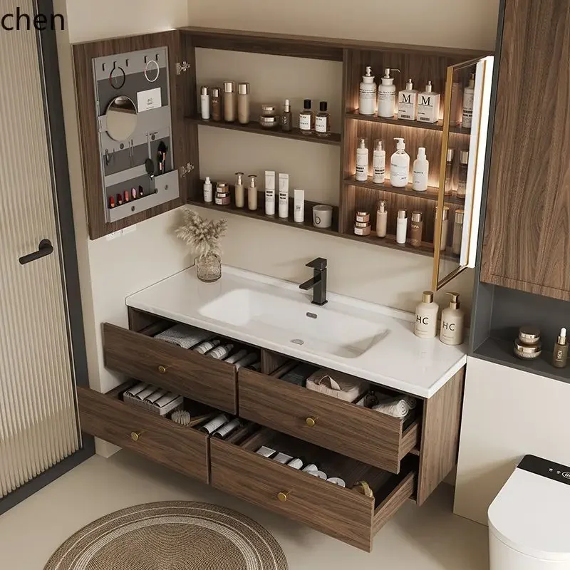 Vintage Style Bathroom Cabinet Cream Style Ceramic Integrated Washbasin Bathroom Sink Set Washstand Basin