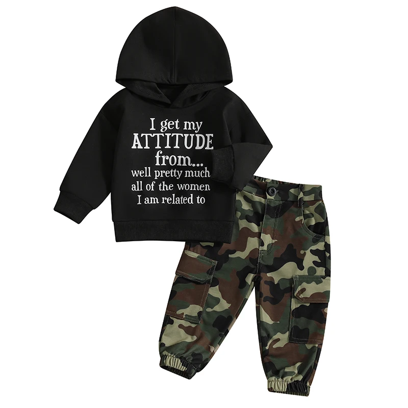 

Toddler Boy Autumn Clothes Set Camo Print Hooded Sweatshirt with Letter Print Long Sleeve Top and Cargo Pants Outfit