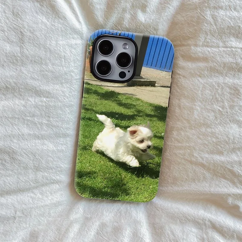 Korean INS Grass Running Puppy Case for IPhone 15 14 13 Pro Max Back Phone Cover for 12 11 Pro Plus 8 7 XS Acrylic Hard PC Cover