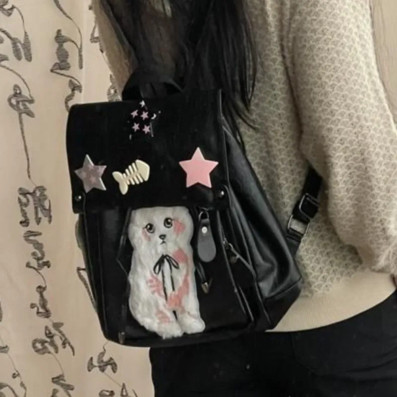 

Черный рюкзак с нашивкой в виде звезды в стиле Харадзюку, женский кожаный рюкзак большой емкости с милым котенком, женский рюкзак Y2k, уникальный Mochilas Mujer