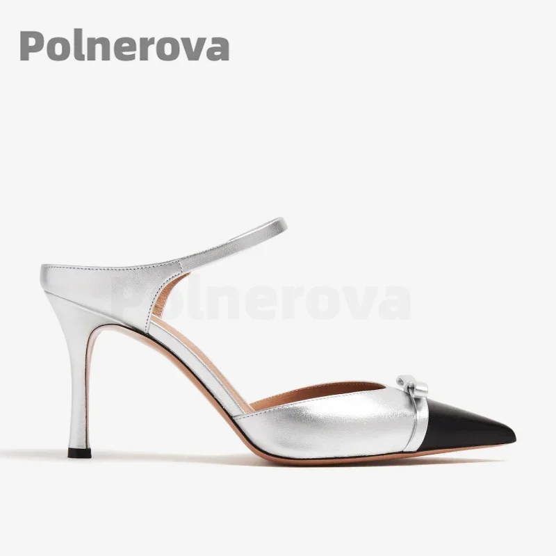 

Patchwork Black Silver Slippers Women Cover Pointed Toe Bow Knot High Heels Ladies Elegant Slip On Stiletto Summer Party Shoes