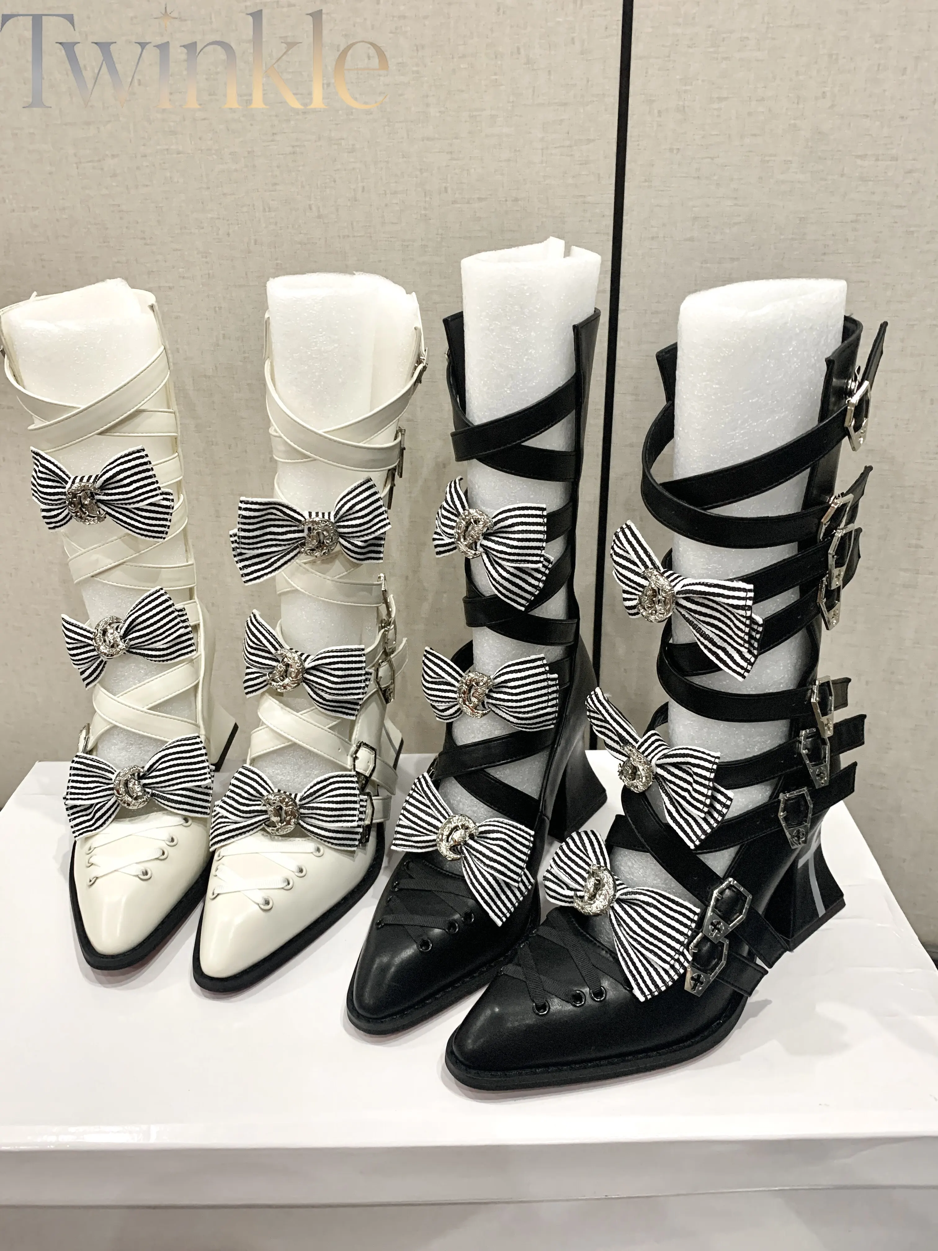 Gothic Boots Women High Heels Lace Up Ankle Boots Subculture Punk Cross Strappy Half Hollow Out Black White Heels