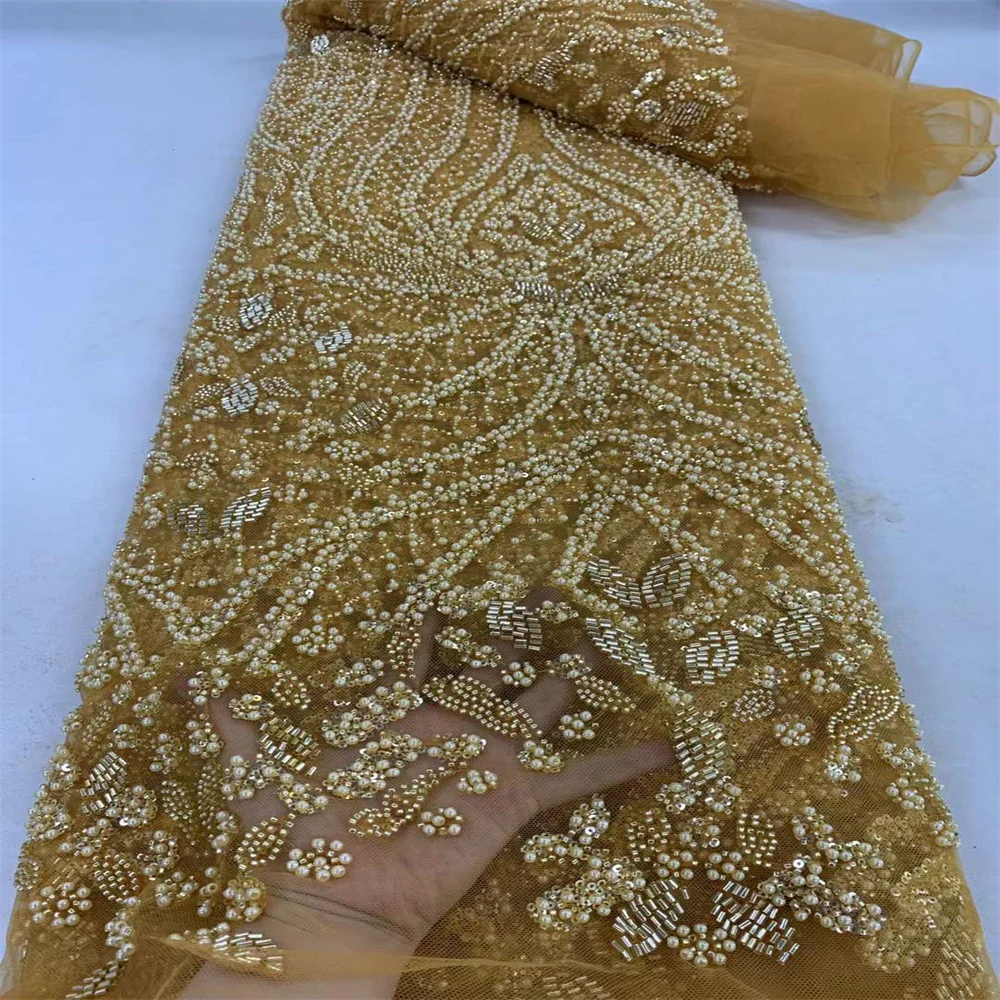 

High -End Luxury French Mesh Beaded Lace Fabric 2024 High Quality African Sequins Groom Lace Fabrics For Nigerian Wedding Dress