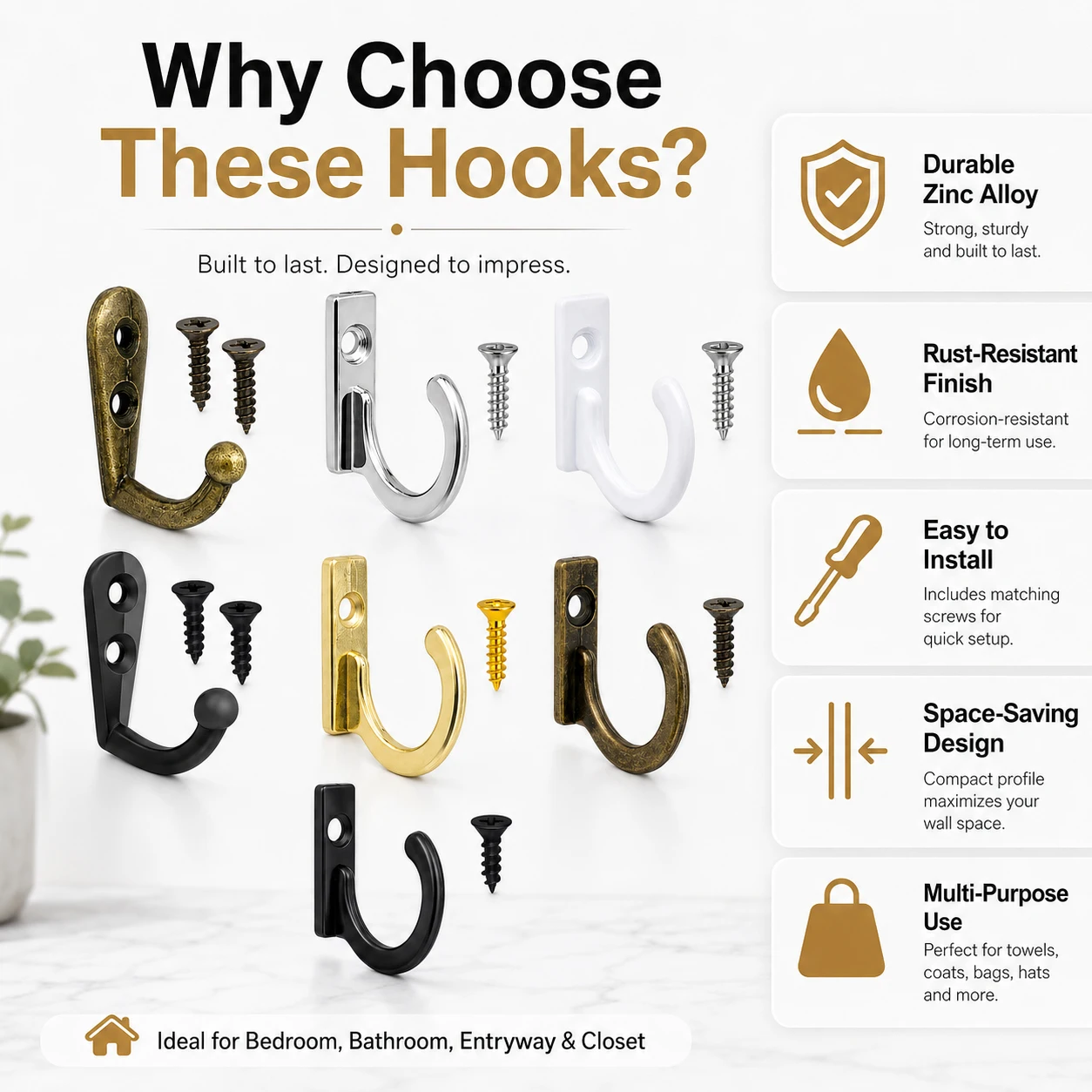 10-50Pcs Vintage Single Prong Wall Hook, Antique Bronze Mini Coat Hat Towel Hanger with Screws for Bathroom Kitchen Hallway