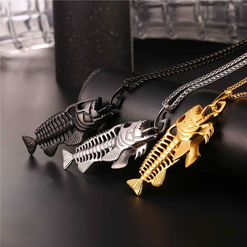 ChainsPro Fish Bone & Fishing Hook Pendant Gold/Black Color Stainless Steel Big Fish Skeleton Necklace Pesca Men Jewelry P014