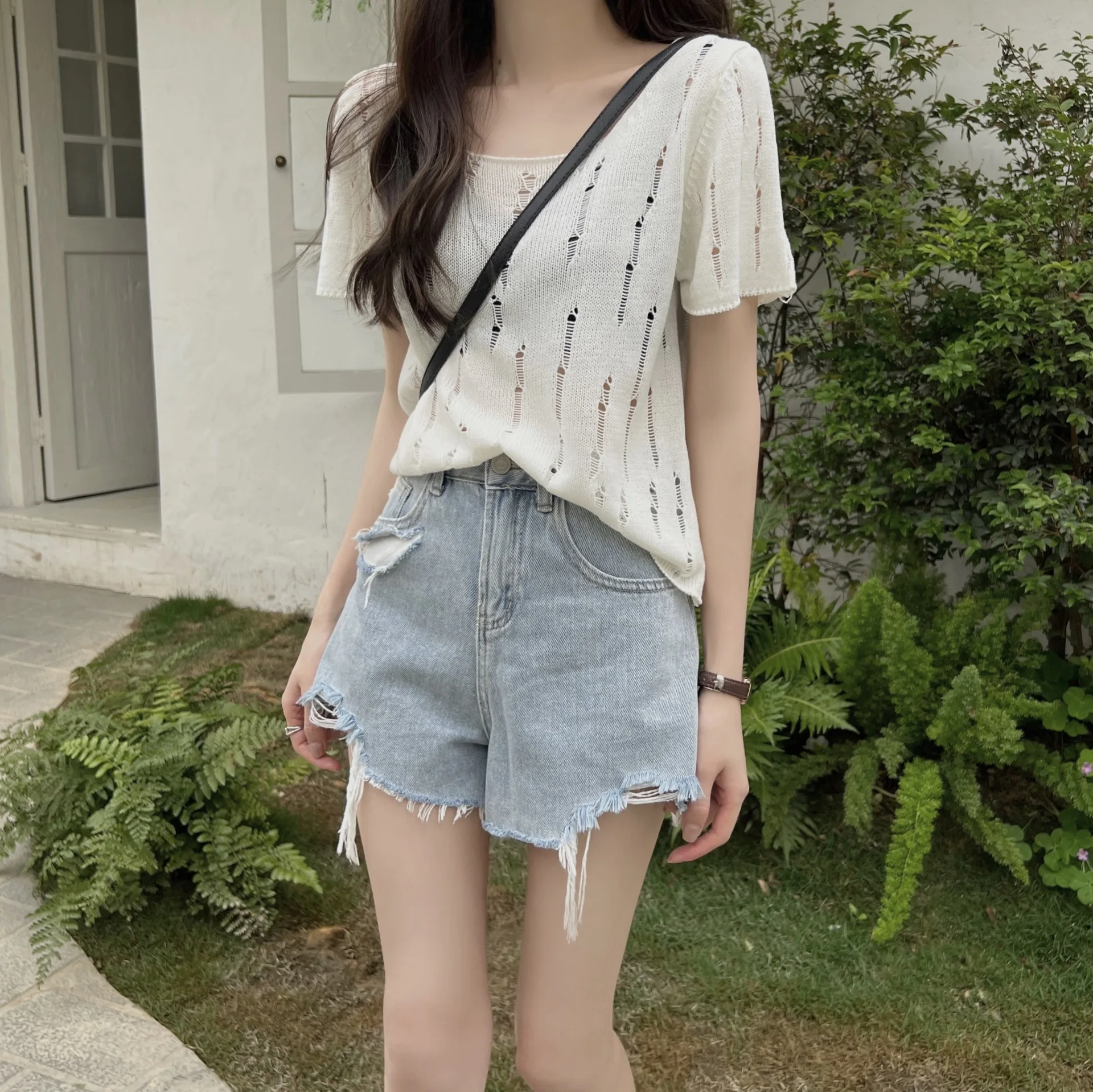 새로운 여성 프랑스어 여름 슬리밍 레이스 크롭 티셔츠 반팔 니트 탑 귀여운 세련된 유행