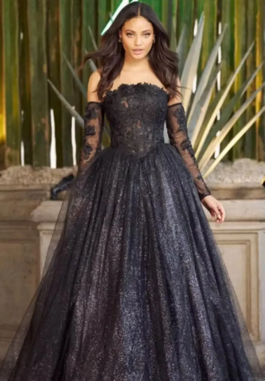 Othray Shinny Sequins Hemlines vestidos de noche Cathy Black Ball Gown Prom Dresses Lace Detachable sleeves فساتين السهرة