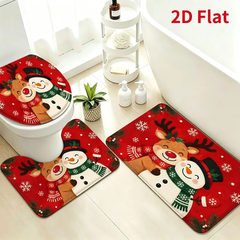 VIKAMA Cute Reindeer Snowman Hugging Christmas Bathroom Rug Set Toilet Lid Cover U Shape Bath Mat Non Slip Xmas Decor Soft