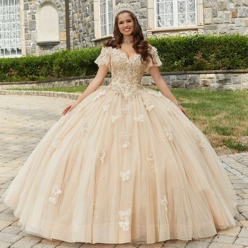 

Light Champagne Shiny Ball Gown Quinceanera Dress Corset Lace Beading Sequins Bow Off the Shoulder Sweet 16 Dress Vestidos De XV