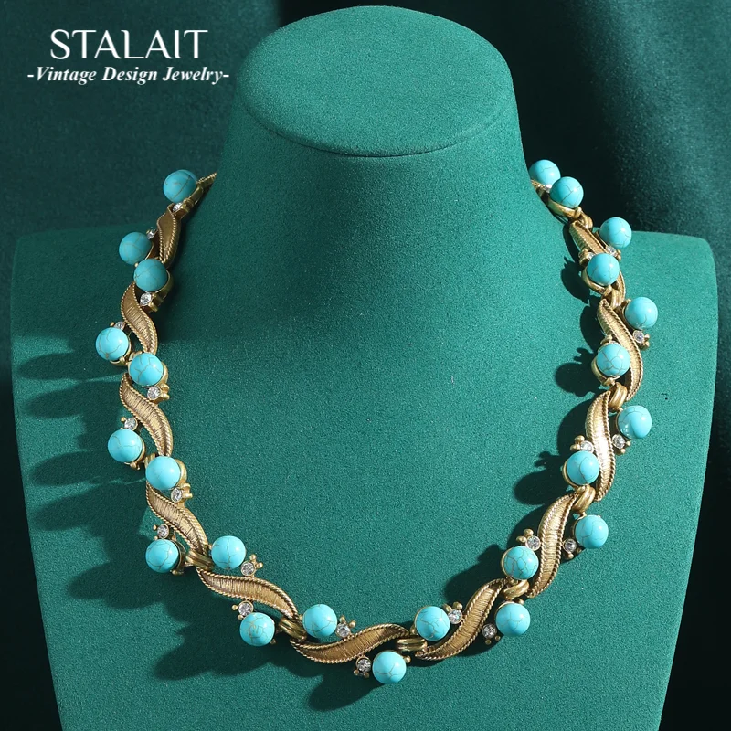 

Vintage Bohemian Jewelry Turquoise Choker Necklaces Blue Natural Stone Vines Branches Antique Gold Color Woman Luxury 2025 New