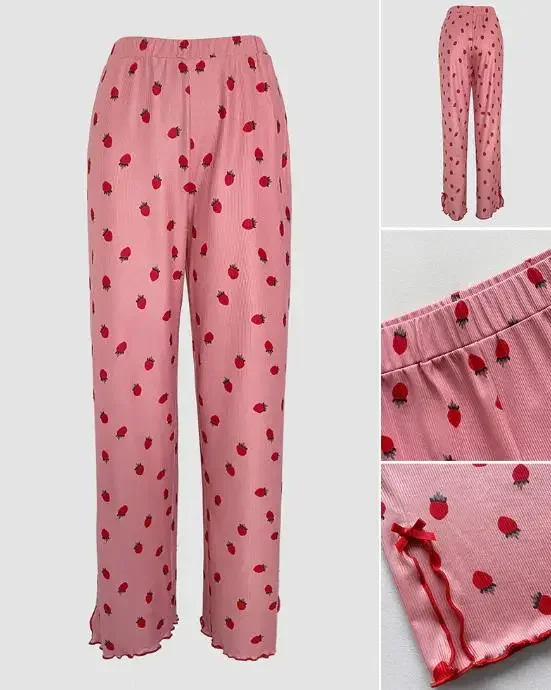 

2 Pieces Outfit Bowknot Decor V-Neck Top & Elastic Waist Slit Pants Sets Casual Strawberry Print Frill Trim Ribbed Pajamas Set