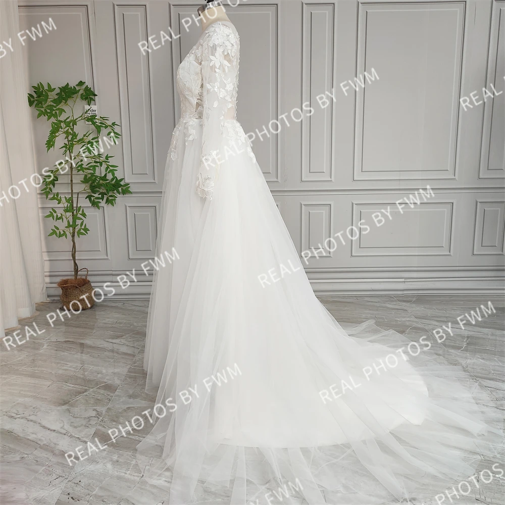 Robe de mariée en dentelle à manches longues pour mariée, robe trapèze en tulle, superbe robe de patients sur mesure, photos réelles, 20294 #, 2024