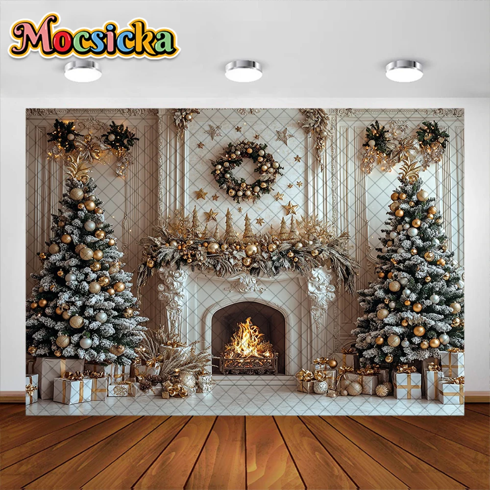 Christmas Photography Background Xmas Tree Garland Fireplace Holiday Decoration Family Portrait Photo Backdrops Studio Props