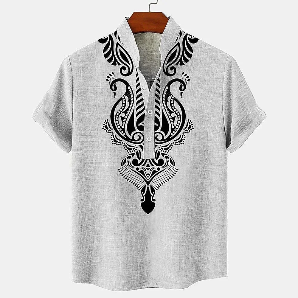

2025 Ethnic Style 3D Printed Henry Line Shirt Men's Fashion Oversized Button Stand Round Short Sleeve Men's Clothing