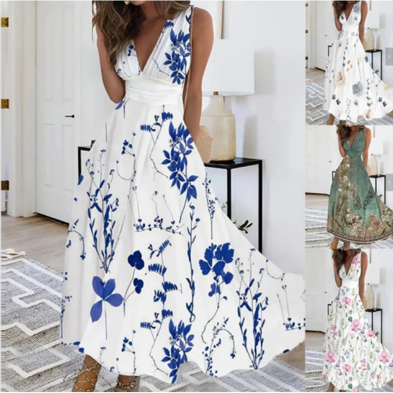 Elegancka damska sukienka średniej długości Dresse2024 Letnia sukienka z wysokim stanem bez rękawów z nadrukiem Sexy Dress Vestidos Verano Летнее Платье Женское