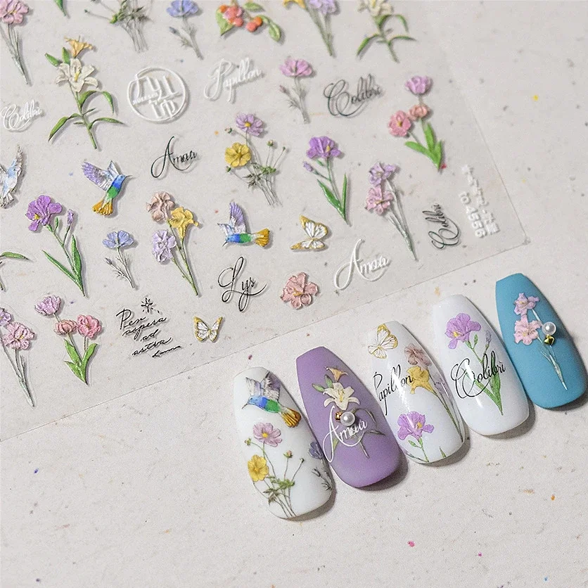 Hummingbird Iris Butterfly Peony Rose Tulip Daisy Lily Flowers Morning Glory Pearl Rhinestones Nail Art Sticker Decoration Decal