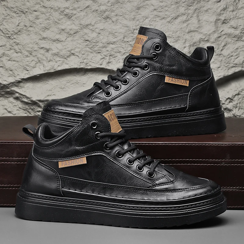 2026 Men's High-Top Tooling Casual Leather Shoes New Pattern Autumn Trend Versatile Platform Short Boots for Men