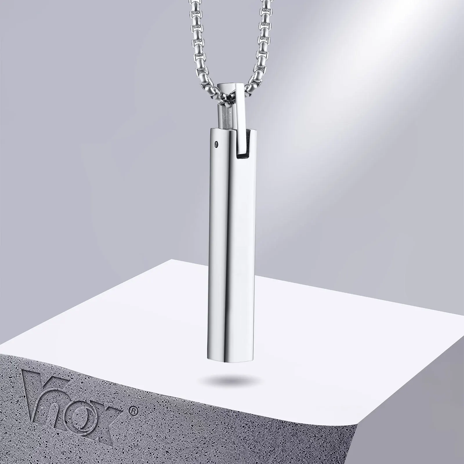 Vnox Men Necklaces, 3D Vertical Bar Pendant with Box Chain, Simple Classic Geometric Stainless Steel Male Collar Jewelry