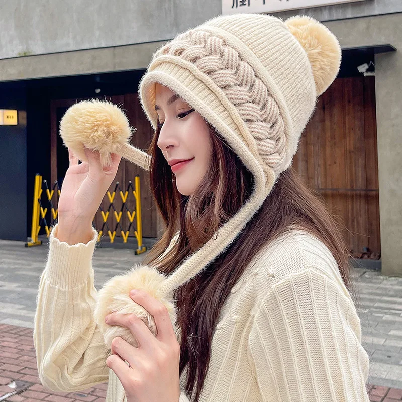 Women Winter Peruvian Cover Ears Beanie Hat Ear Flaps Sherpa Ski Snow Caps Knit 3 Pom Pom  Outdoor Cold Weather