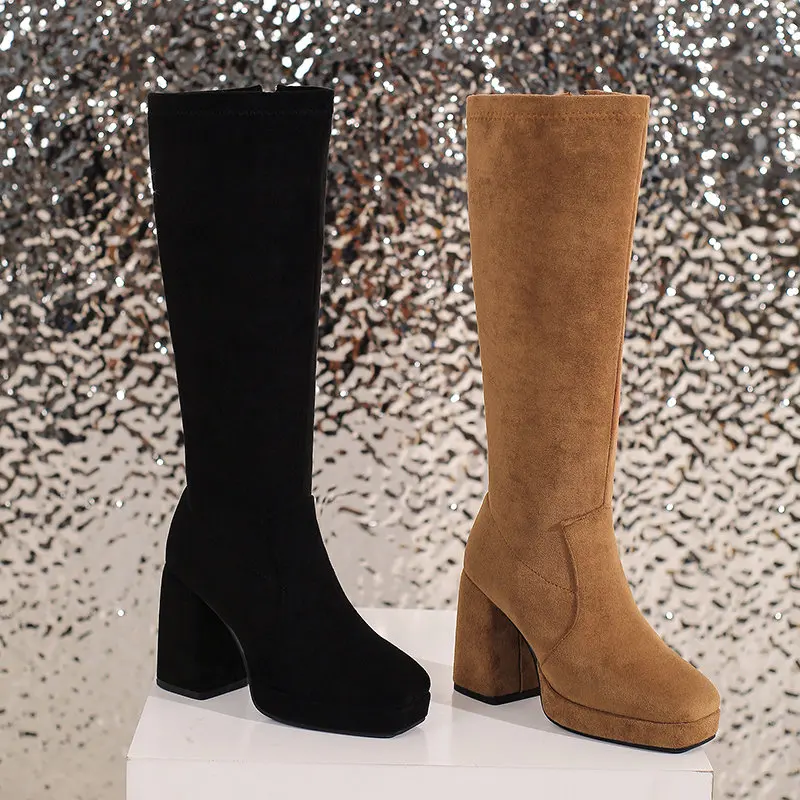 REAVE CAT Women Knee High Boots Flock Suede Round Toe Block Heels 9cm Platform 2cm Slip On 45 46 47 Concise Daily Female Booties