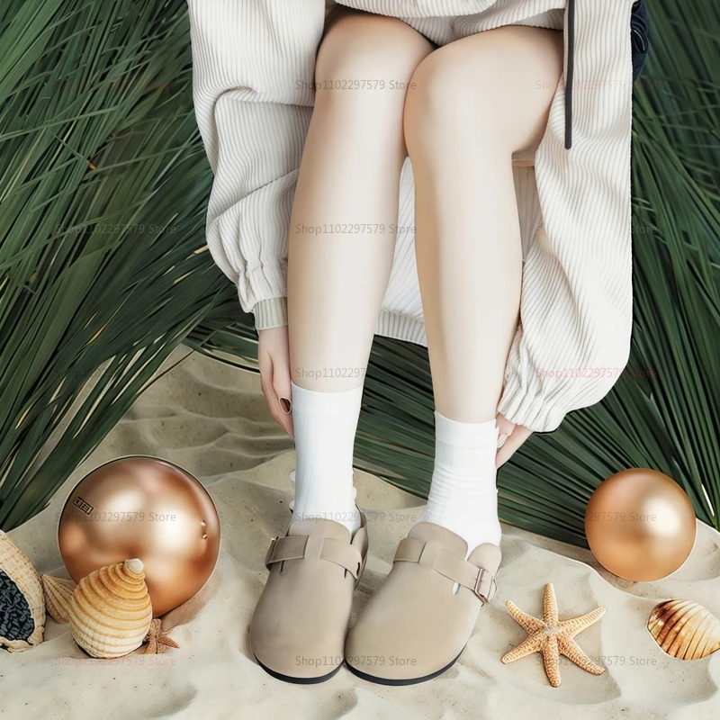 شباشب خشبية أنيقة من جلد الغزال للسيدات ونعل داخلي من الفلين تدعم حذاء الفيلا المريح في الداخل والخارج على الشاطئ