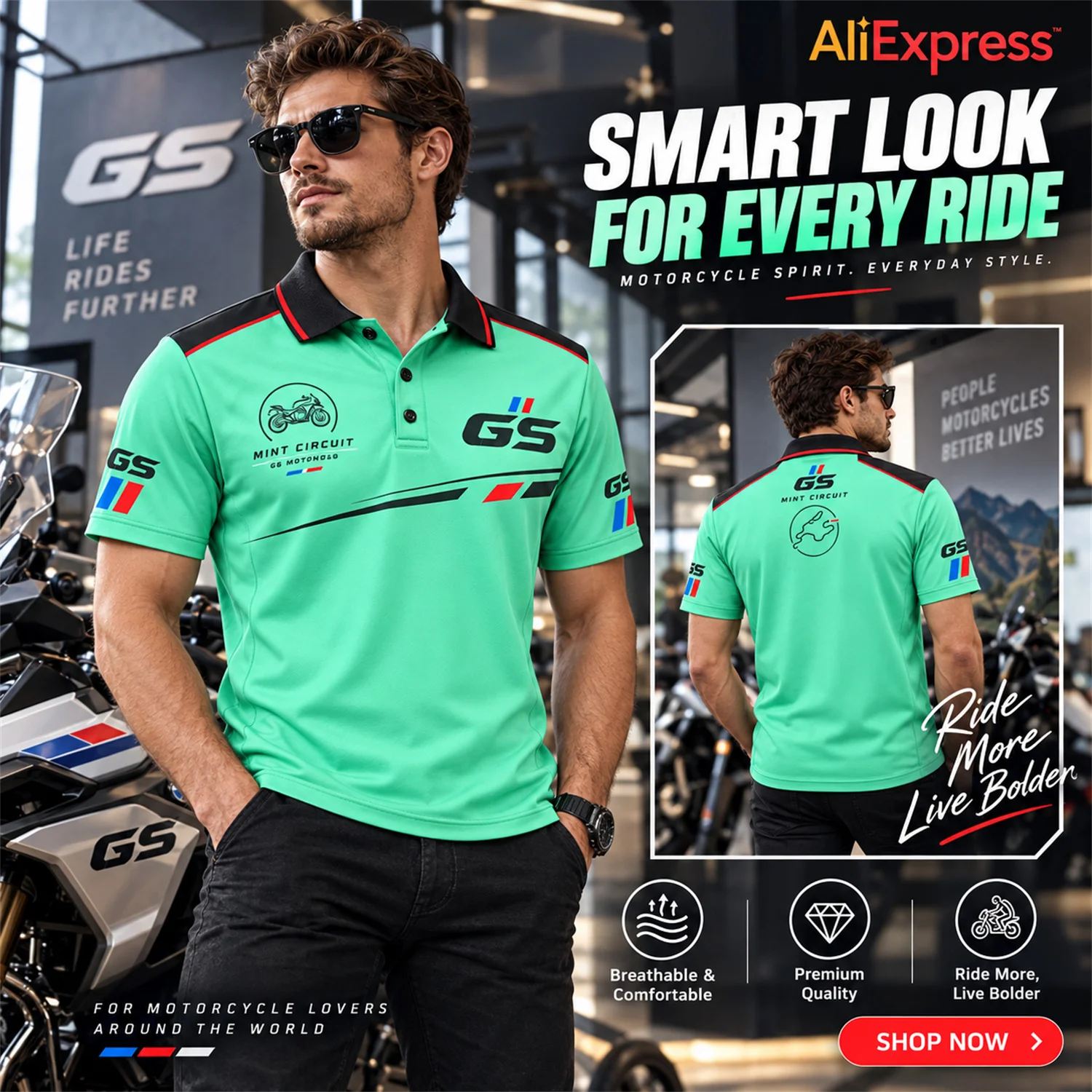GS Motorrad Motorcycle Polo Shirt Mint Circuit Racing Graphic Print Short Sleeve Riding Jersey Unisex Biker Outdoor Wear