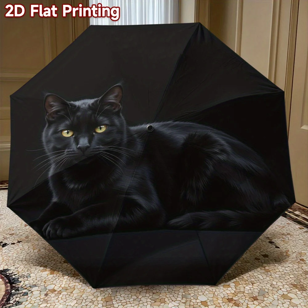 

1pc Automatic Folding Umbrella with Twin Black Cats Portrait - 8-Rib Sturdy & Durable, Compact Travel Design for Women & Men,
