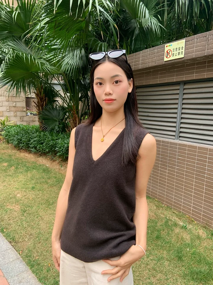 

XIMIAN APPAREL 2026 YAZHIMEI cos spring new style of Women's casual standard-fit dark brown V-neck wool blend pullover vest