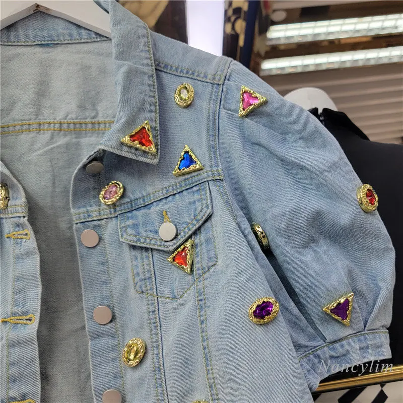 Chic Women Short Puff Sleeve Diamonds Denim Coat Spring Summer Rhinestones Jeans Bomber Jacket High Waist Cowboy Streetwear Tops