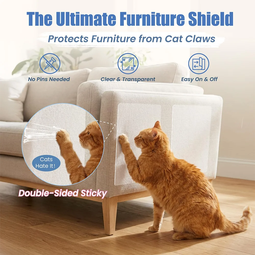 10PCS Cat Scratch Guard Tape - Clear Double-Sided Furniture Protector For Sofas & Couches, Pet-Proofing Deterrent Stickers