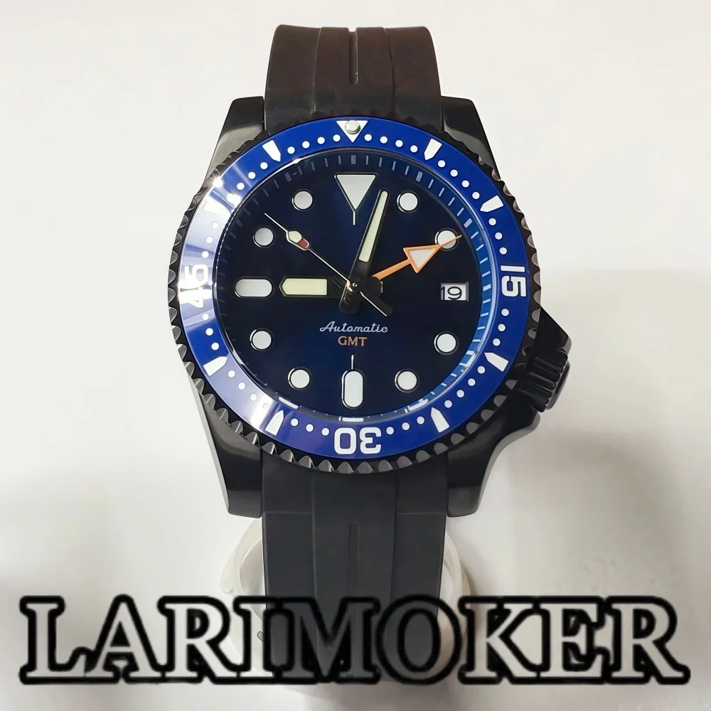 

LARIMOKER 41MM GMT Men's Automatic Mechanical Watch NH34 Mvenment Blue Dial Date Luminous Dome Sapphire Glass Black Diving Watch