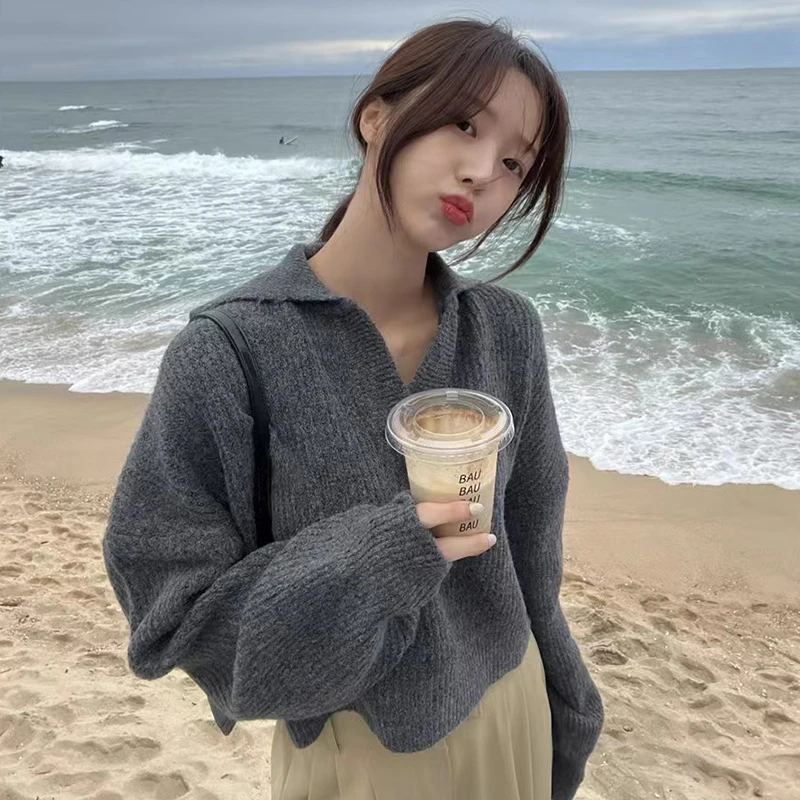 

Chic Autumn Winter Women's Long Sve Knitted Sweater Soft Loose f Open Collar Lazy Sle Pure Color Versatile Comfortable