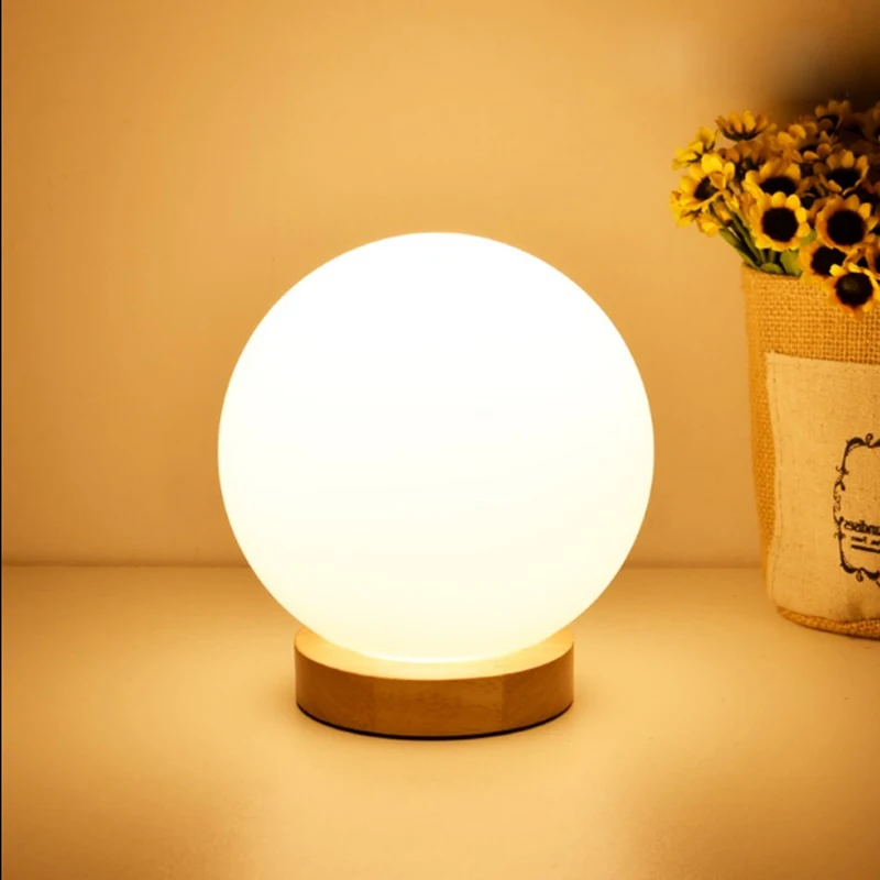 Modern Warm Frosted Glass Ball Table Lamp White Nordic Wood LED E27 Home Livingroom Bedside Bedroom Study Desk Lighting Fixtures