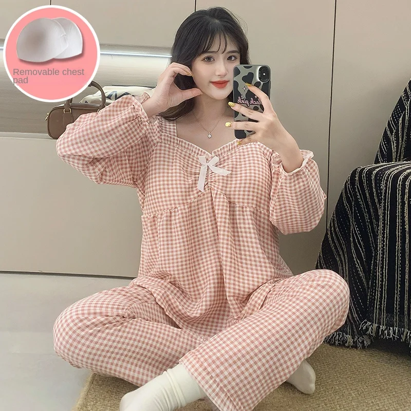 

Новый женский зимний клетчатый пижамный комплект, милая кавайная домашняя одежда, одежда для дома, одежда для сна с длинными рукавами, ночная рубашка, милый наряд, домашняя одежда