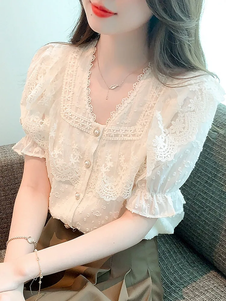 Summer New Short Sleeve Lace V-Neck Blouse Women Blusas Mujer De Moda 2024 Verano Blouse Shirt Women Tops Blouses Shirts G458