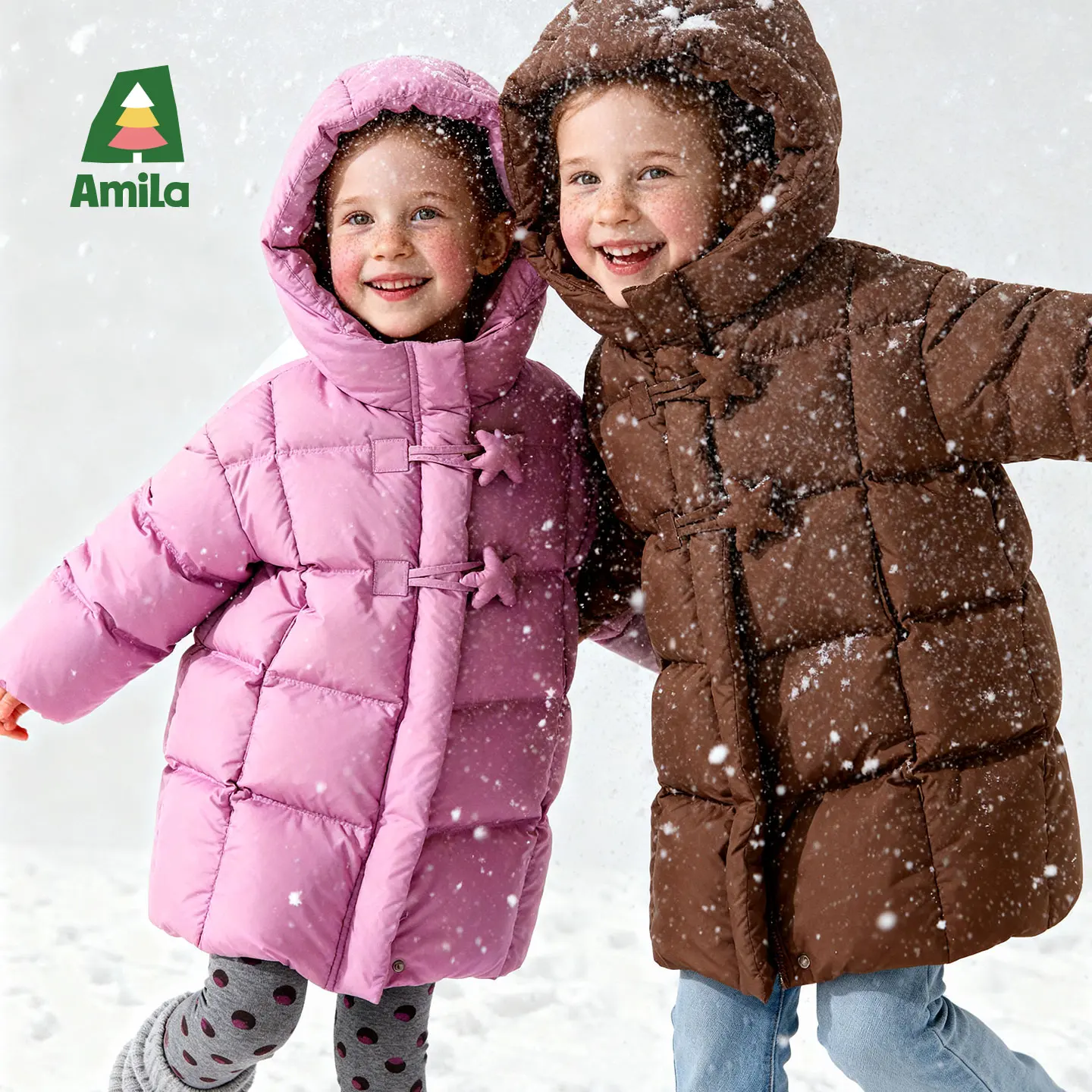 Amila Kids 2026 Winter Long Down Jacket With Duck Down Fill Hoodie Solid Color Star Buckle Design Thick Warm Coat