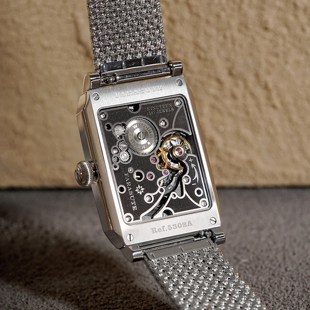 FARASUTE Luxury Full Stainless Steel Sapphire Glass Vintage Wristwatches Male Classic Manual Square Mechanical Movement Watches