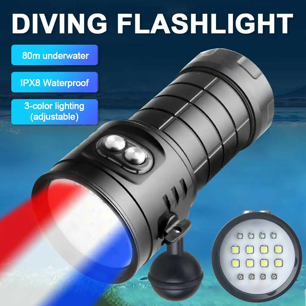 Super Bright Professional Diving Flashlight Underwater photography Light 10000LM COB Lamp Beads Flashlight 80M IPX8 Waterproof