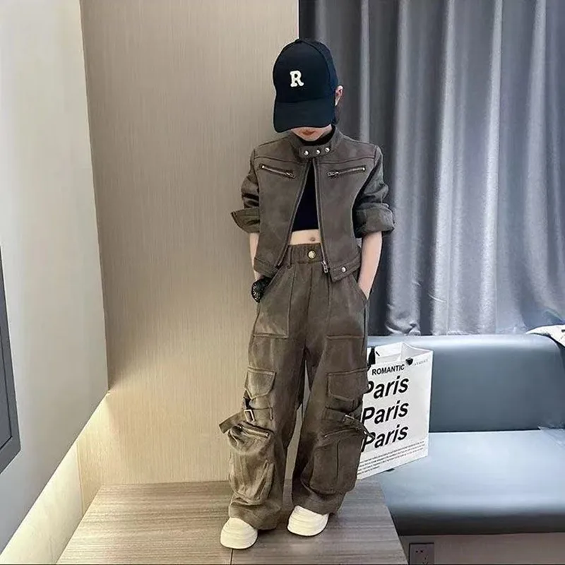 

Spring and Autumn Girls' Clothing Set 2025 New Children's Retro Short Coat+Pants Two-piece Set 110-170cm