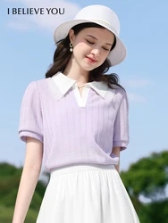 I BELIEVE YOU 2024 Summer New T-shirts For Women Polo Collar Puff Short-sleeve Retro Slim Office Lady Chic Blouse 2242015667