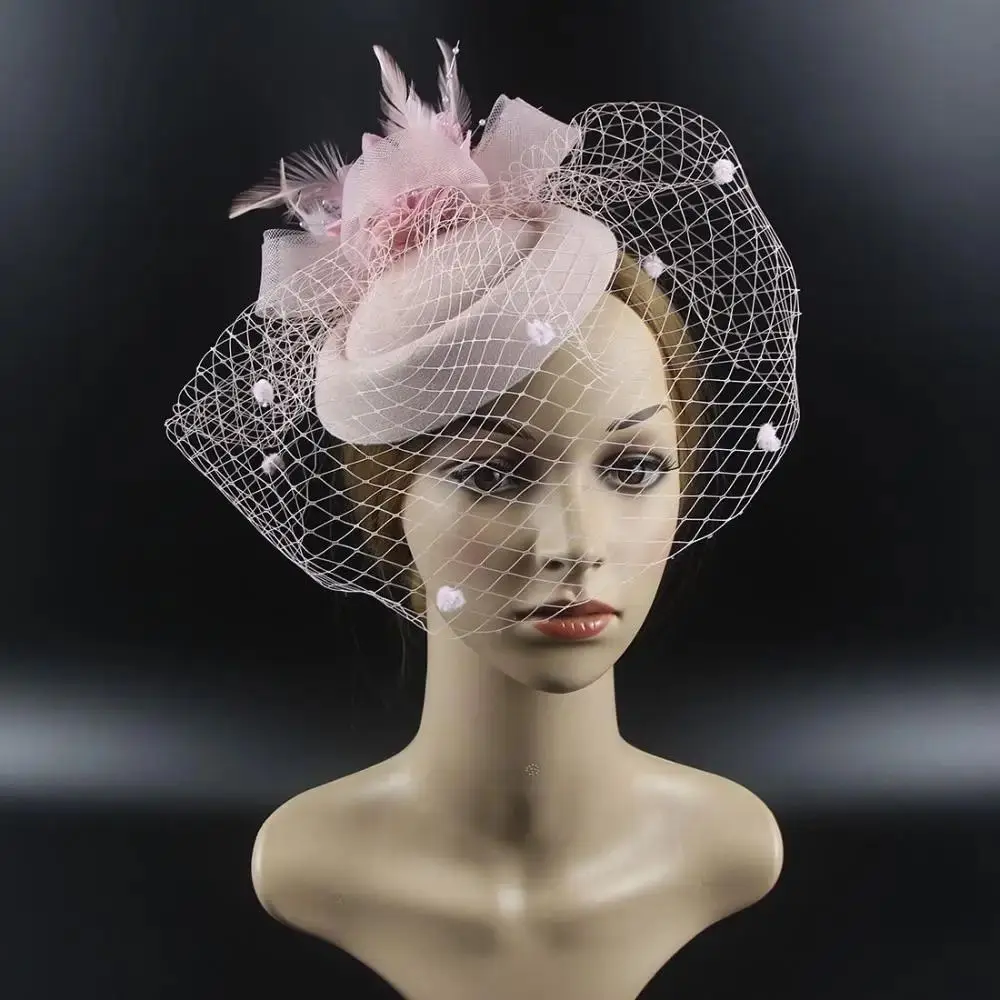 French Style Audrey Hepburn Elegant Small Veil Hat with Pearl and Feather Luxury Wedding Party Bridal Cocktail Event Fascinator