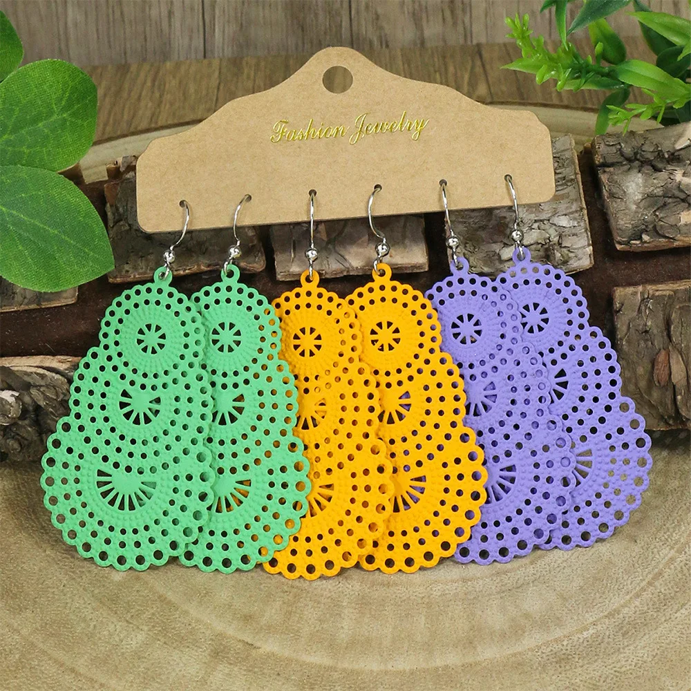 3pcs Candy Color Hollow Pattern Water Drop Earrings Set for Women Boho Ethnic Long Statement Dangle Earrings Wedding Jewelry