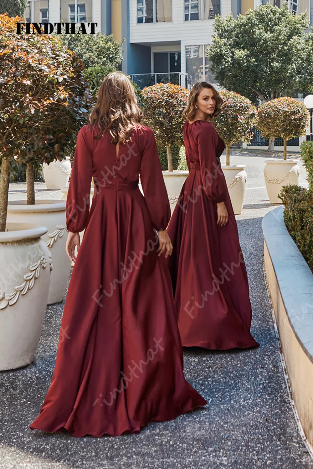 Findthat Elegant Burgundy V-Neck Ruched Satin Bridesmaid Dresses Long Sleeves A-Line Evening Party Gowns Side Slit Customized