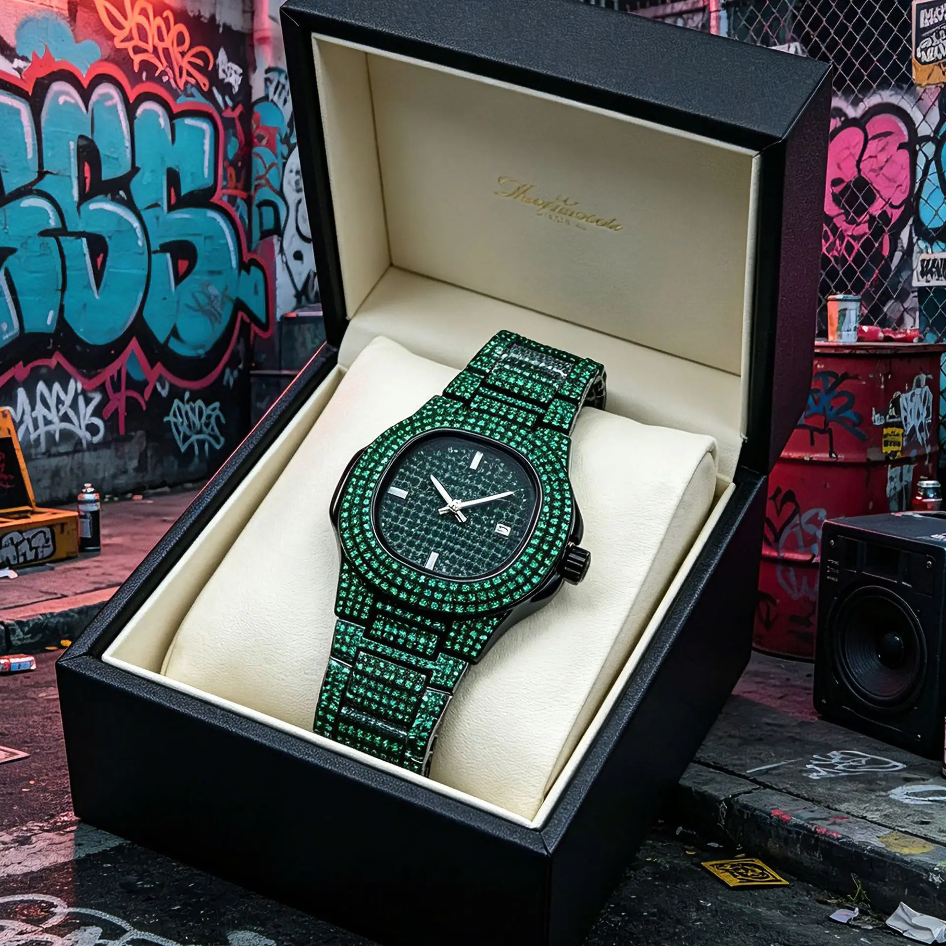 Classic Multicolor Quartz Watches for Men Green Full Diamond Luxury Top Brand Watch Fashion High End Stainless Steel Man Clock
