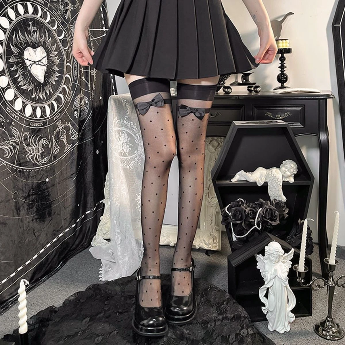 

Hot Gothic Stockings for Women Clothes Lolita JK Polka Dot Bow Black White sheer Stocking Summer Over Knee Socks Anime Hosiery