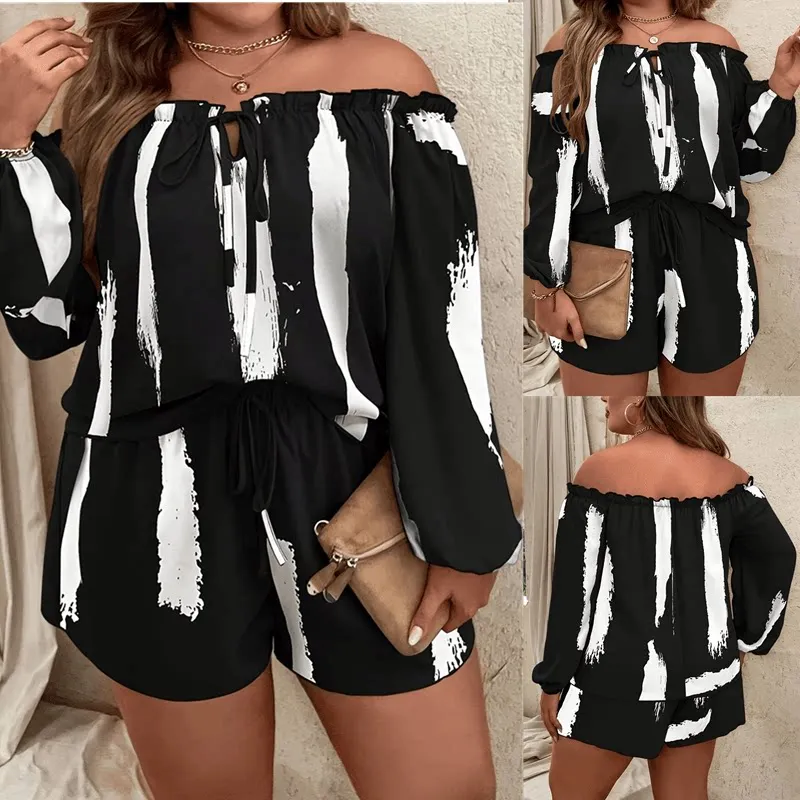 

plus Size Women's Summer Suit Casual Shirt Shorts Two Piece Set Fashionable Office Wear Short Pants Long Sleeve Polyester