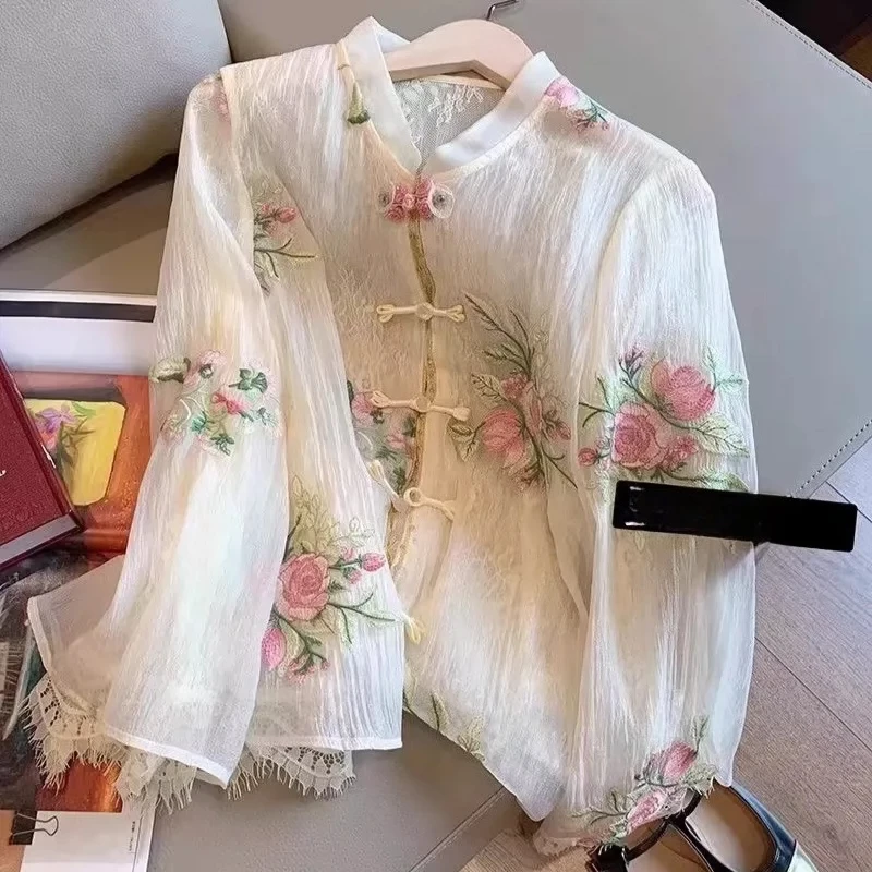 

2026 Spring Fall Women Stand Collar Embroidery Flower Lace Patchwork White Chiffon Top Shirt , Woman Vintage Tops Shirts