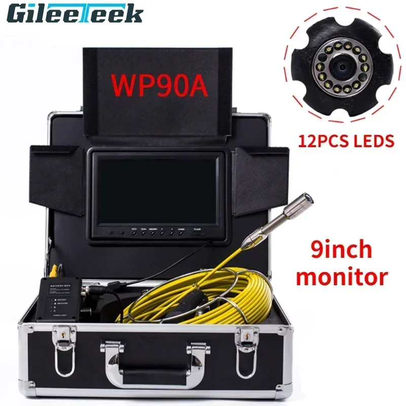 WP90A Pipeline Inspection Camera Drain Sewer Industrial Endoscope 110 Degree Camera IP68 Waterproof 9Inch Lcd Monitor 4500mAh