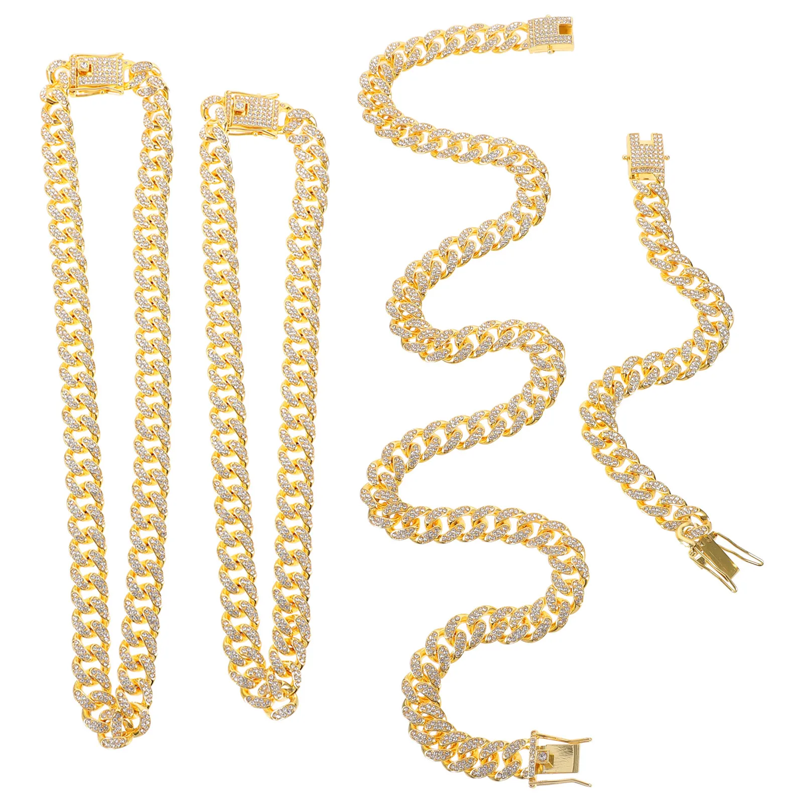 

4Pcs Rhinestone Link Chain Set Unisex Hip Hop Jewelry Necklace Bracelet Stylish Mix Lengths Luxury Bling Gift