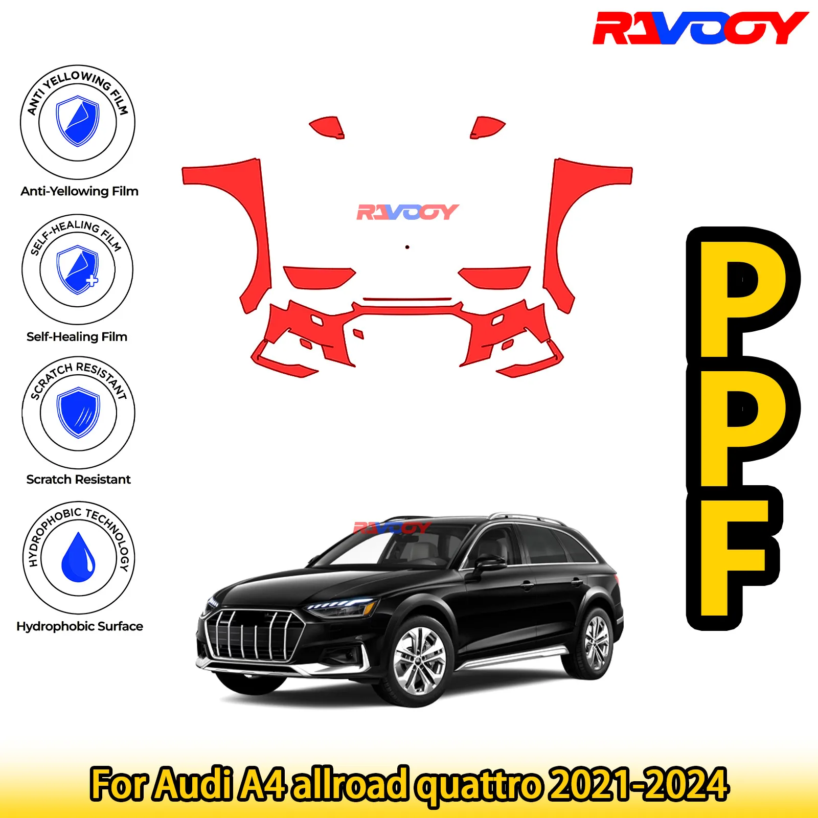 

Для Audi A4 allroad quattro 2021-2024 глянцевая матовая черная предварительно вырезанная передняя защитная пленка PPF Kit